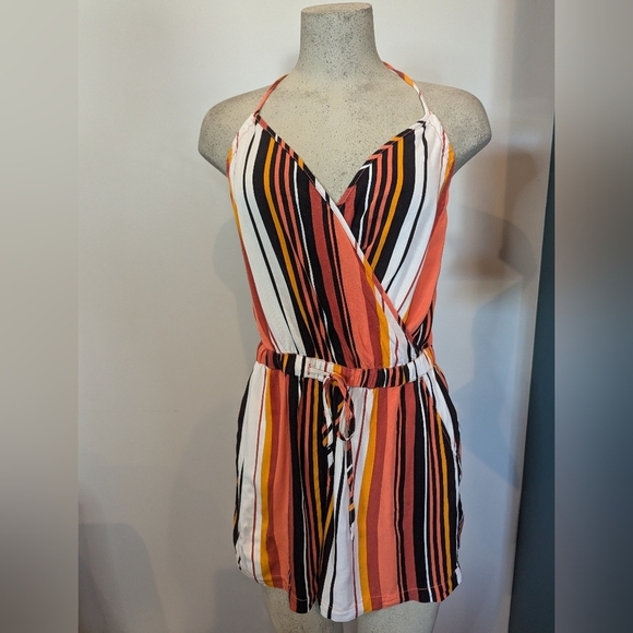 Volcom Pants - VOLCOM Romper, white with stripes & halter neck, Size 8